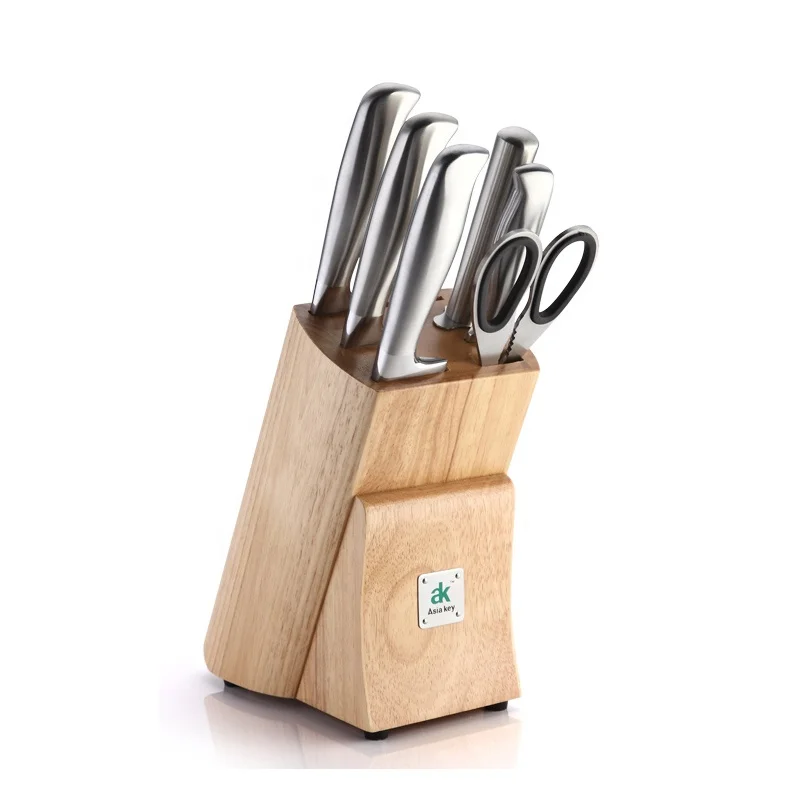 High Quality 6 slots Oak Wood Knife Block Holder For Knives Sharpener And Scissor