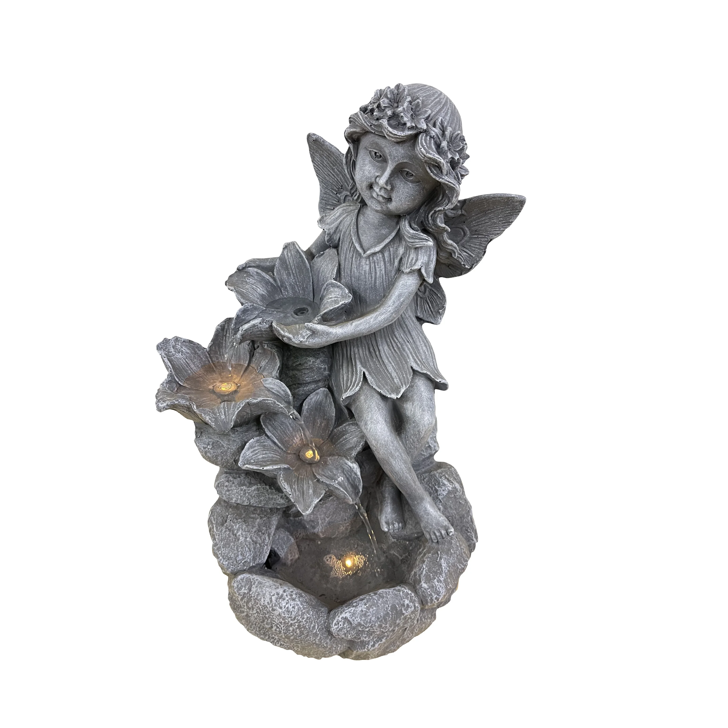 Garden waterscape decoration angel holding flower water waterfall fountain with LED lights