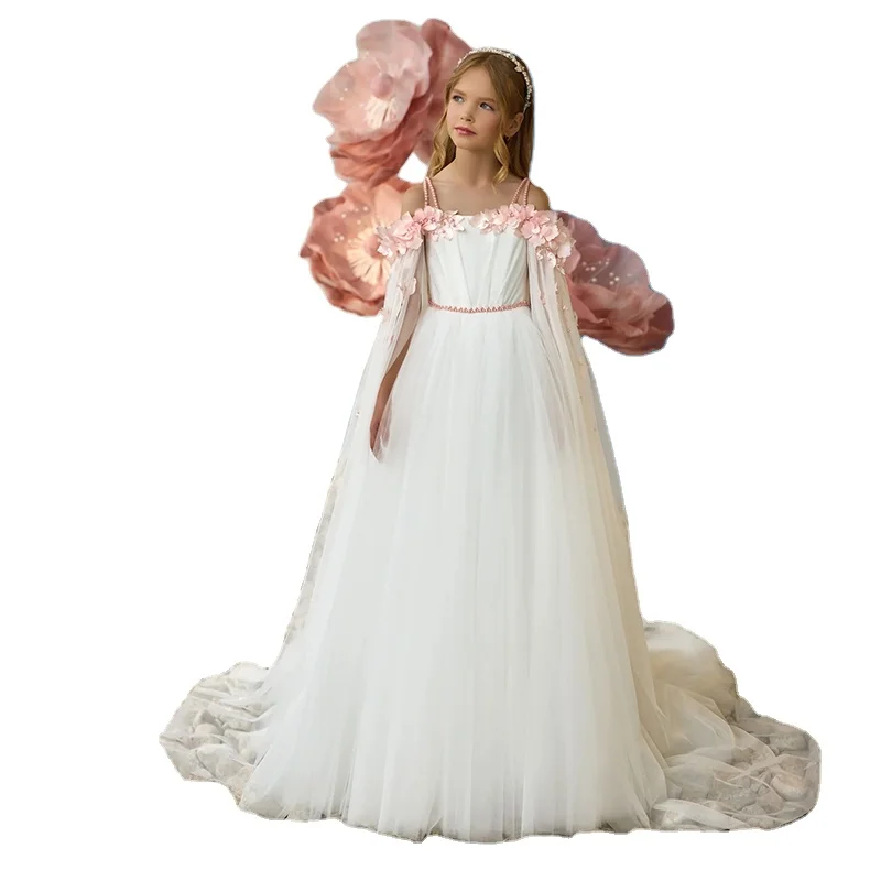 Vivid Pearls Shoulder Strap Flower Haute Couture Pink Satin High Quality Wedding Birthday Girl Princess Party Dress with Train