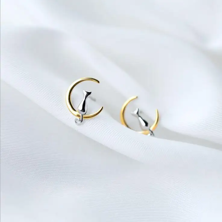 Animal Jewelry 925 Silver Necklace Cat and Moon Pendant Necklace for girls