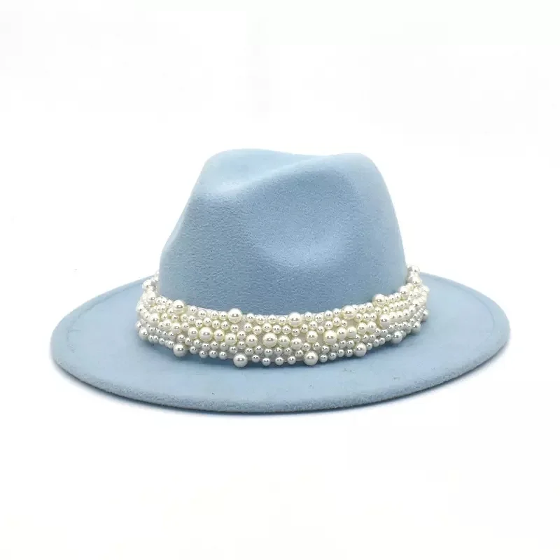 Fashion Pearl Decoration Faux Wool Felt Fedora Hat Solid Color Top Jazz Hats Women Dressing Large Brim Panama Caps
