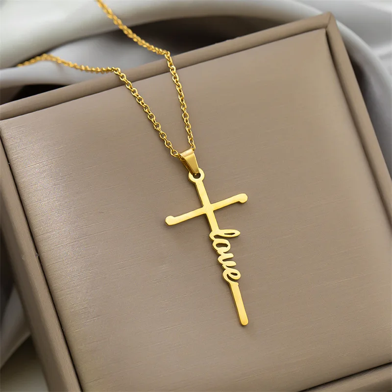 Hot Selling Religious Necklaces Jewelry High Quality Thicken Stainless Steel Trust Patience Hope Blessed Cross Charm Necklace