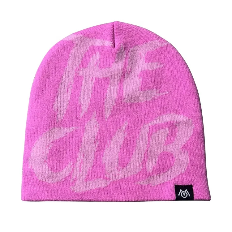 Custom Jacquard logo Pink Women Ski Skull Knit Winter Hat