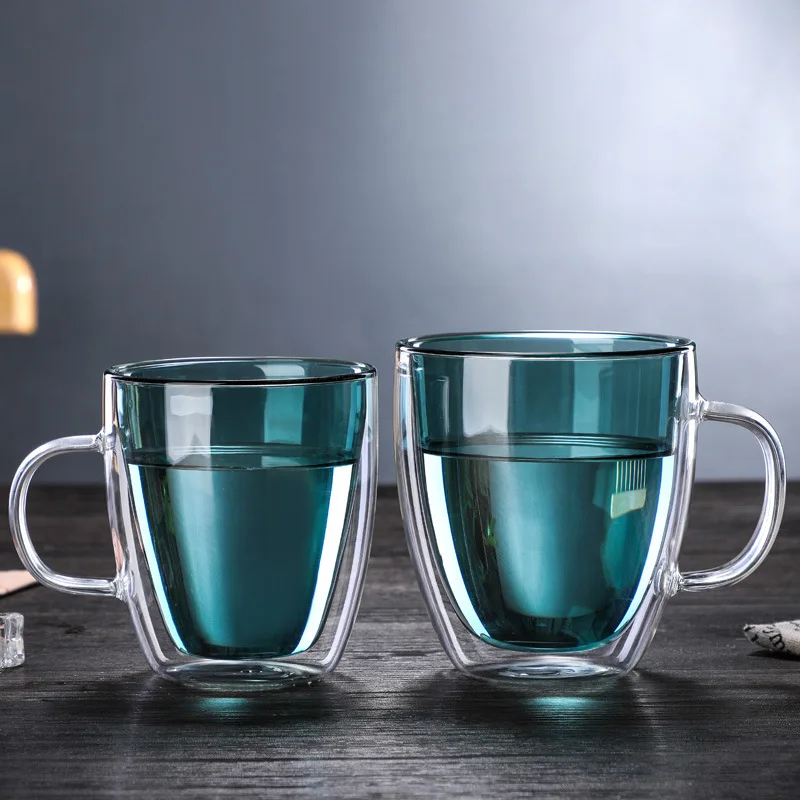 Hot selling wholesale price 350ml and 450ml colored inner layer double wall mug glass