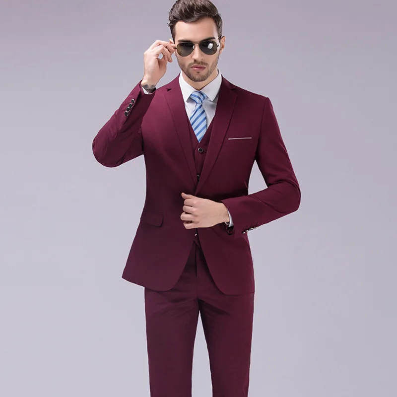 Wholesale 6xl One Button Peaked Label Burgundy Three Pieces Costume Homme Plus Size Notched High Quality Mens Suit Groom Wear