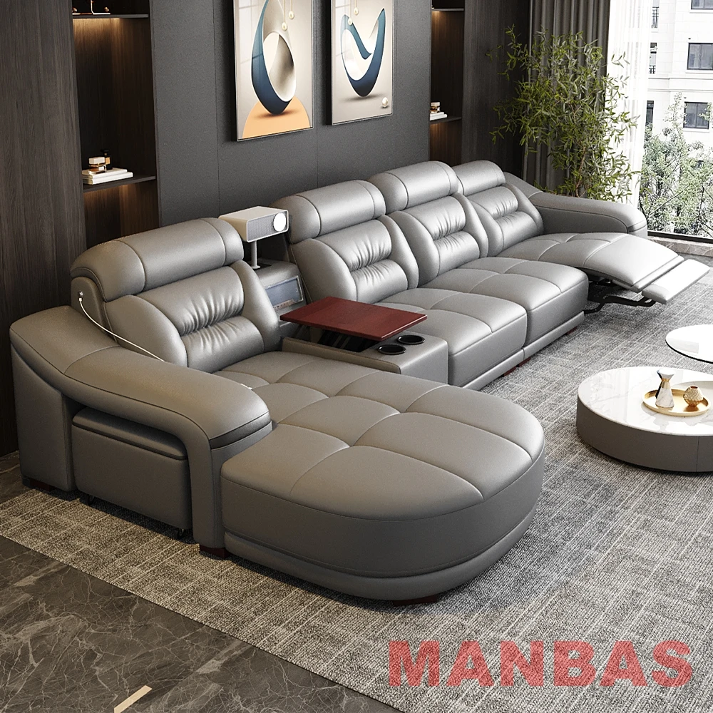 Italian Genuine Leather Sectional Sofa Set with Electric Recliner, Bluetooth Speaker and Projector By MANBAS Livingroom Couch