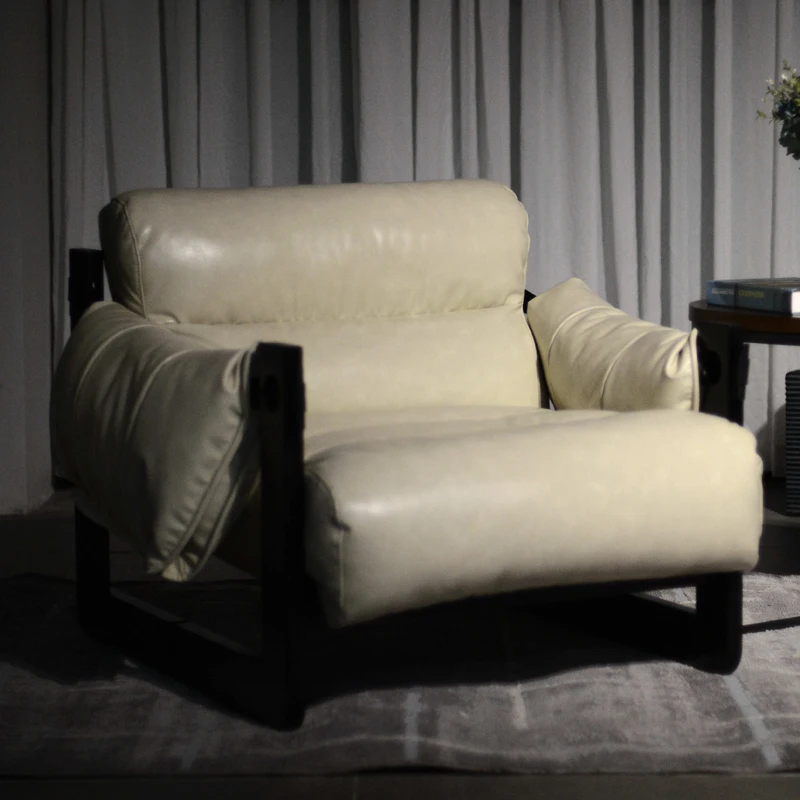 Solid Wood method Vintage Single Sofa Chair White Wax Jersey Black Genuine Leather Casual Living Room balcony Argentina