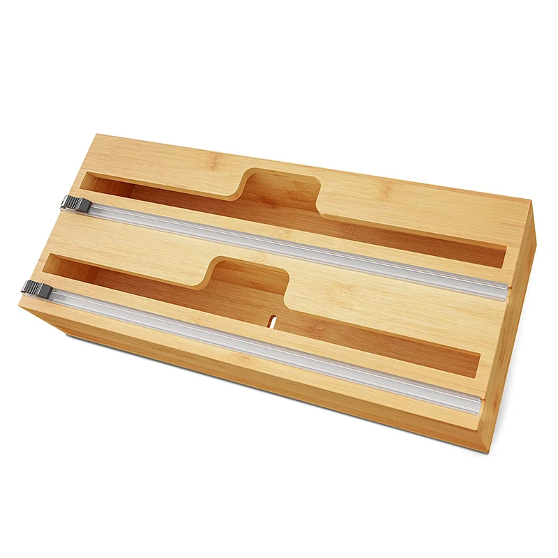 Amazon Hot Sale Kitchen Bamboo Aluminum Foil Cling Plastic Wrap Dispenser with Cutter Drawer Wax Paper Roll Organizer Holder Box