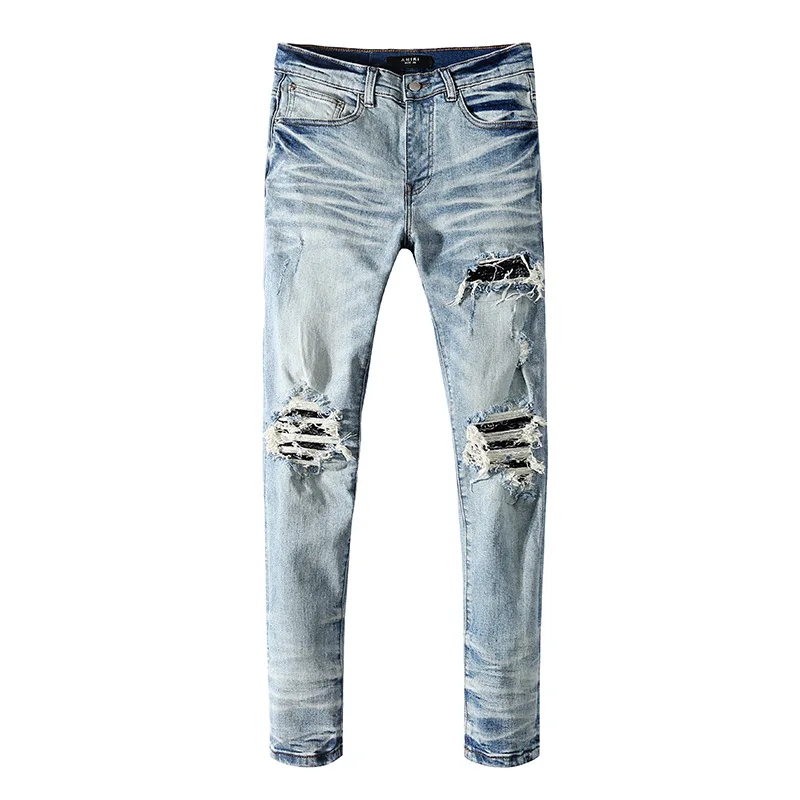 Ripped patch bue denim trousers smart straight leg men denim jeans