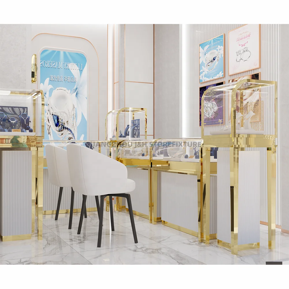 Luxury Jewelry Store Jewelry Display Showcase With Led Golden Stainless Steel Jewelry Display Cabinet Stand