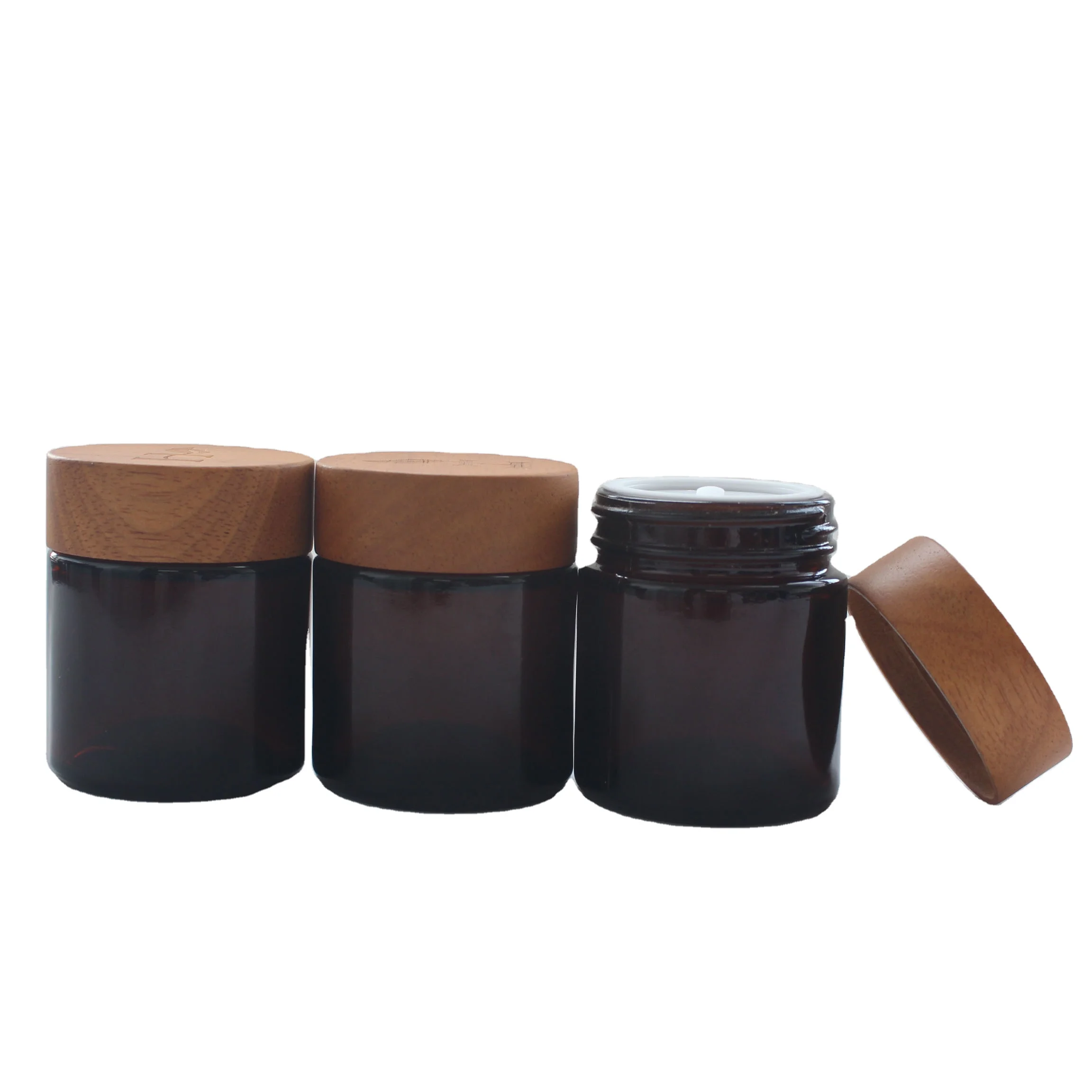 1oz 2oz 4oz frosted amber cosmetic glass skincare jar with wooden bamboo lid face cream jar storage jars with engraved logo
