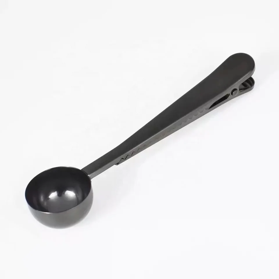 Kitchen Craft Long Handle Black Coffee Scoop Clip Stainless Steel Coffee Milk Measuring Spoon With Sealing Bag Clips
