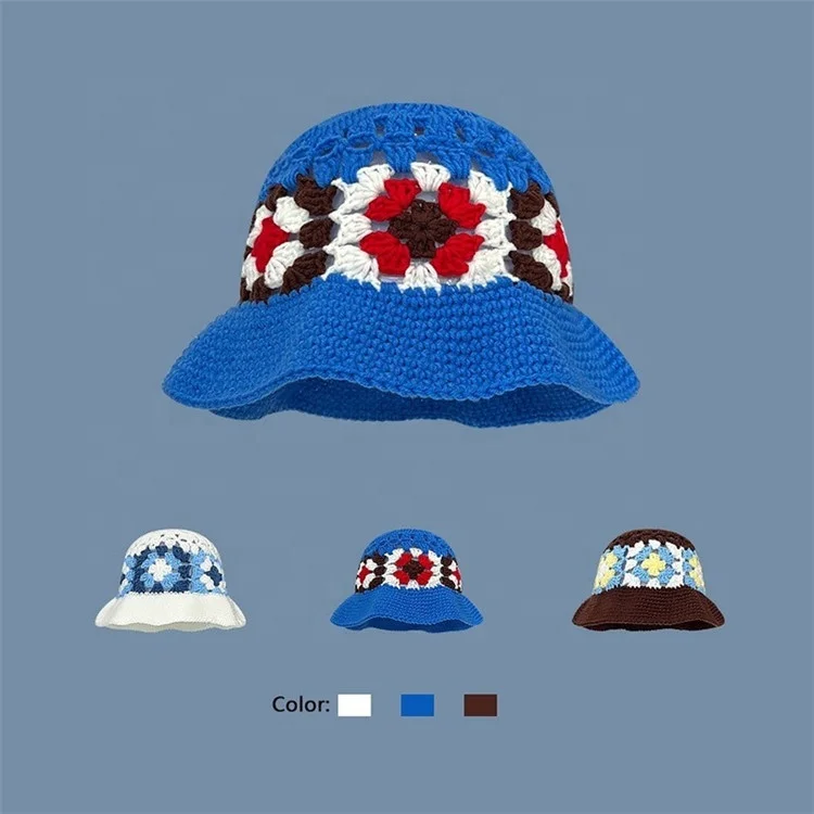New Crochet Korean Handmade Bucket Hat Women Weaving Knitted Hat Y2k Fashion Flowers Autumn Winter Beanies Basin Cap