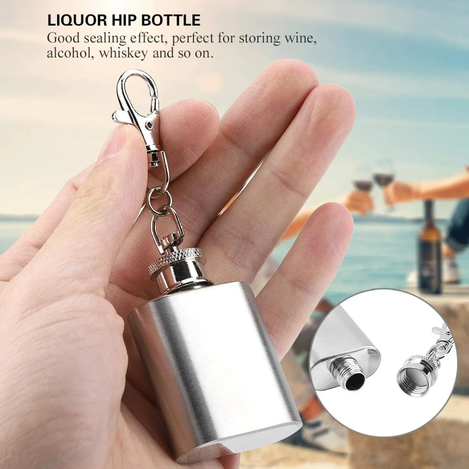 Logo customize Stainless Steel Hip Flask Keychain Water Jug Flat Lid Jug Whiskey Bottle with Carabiner Pocket Flask Silver