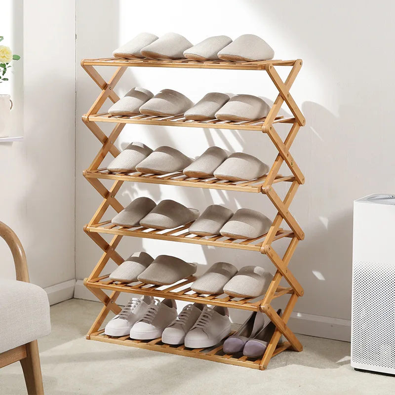 Amazing Custom Multilayer Foldable Shelf Wooden Bamboo 4 5Tiers Folding Display Shoe Rack Organizer For Entryway Hallway