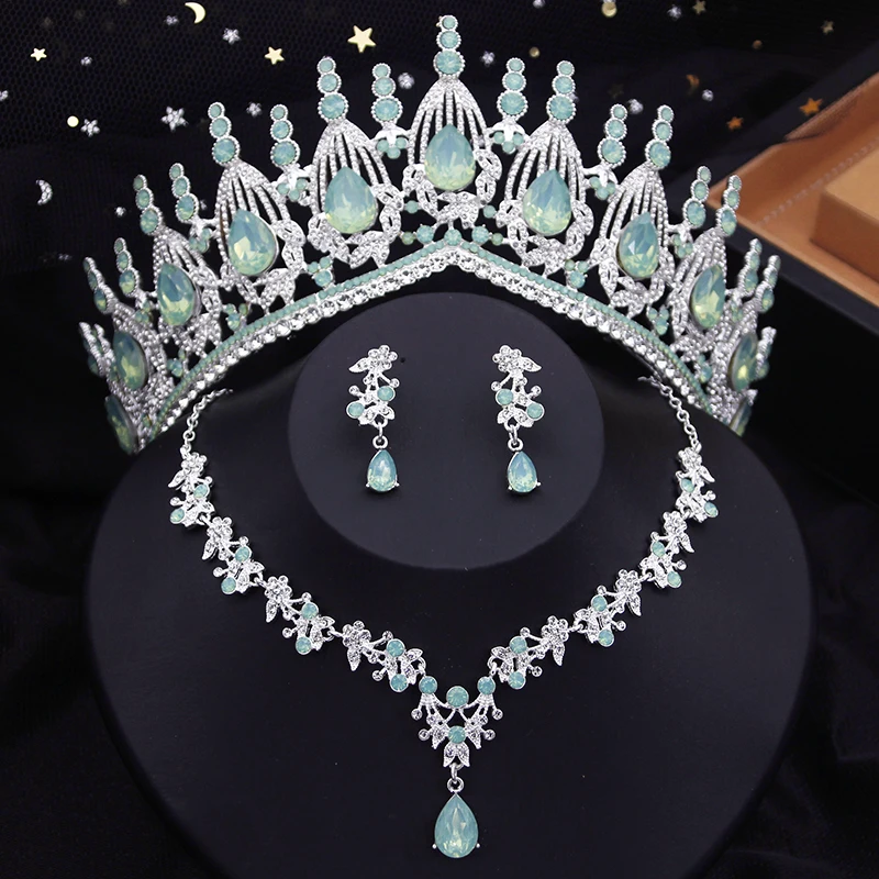 Romantic Blue Crown Wedding Bride Jewelry Sets Opal Necklace Earrings Tiara Sets