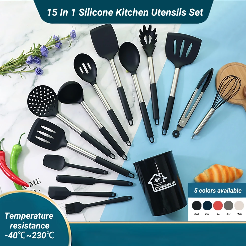 15 Pieces Kitchen Cooking Tools Conjunto De Utensilios De Cozinha Stainless Steel Handle Silicone Kitchen Utensils Set