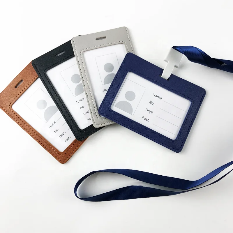 Low Price Good Quality PU Leather Credit Office Work Name Badge ID Card Holder With Lanyard