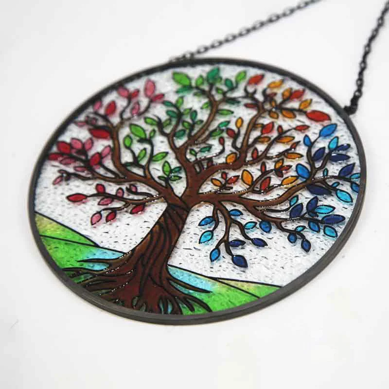 Tree of Life Stained Glass Suncatcher Colorful Leaves Window Wall Hanging Ornament Hand-Painted Glass Panel Decor