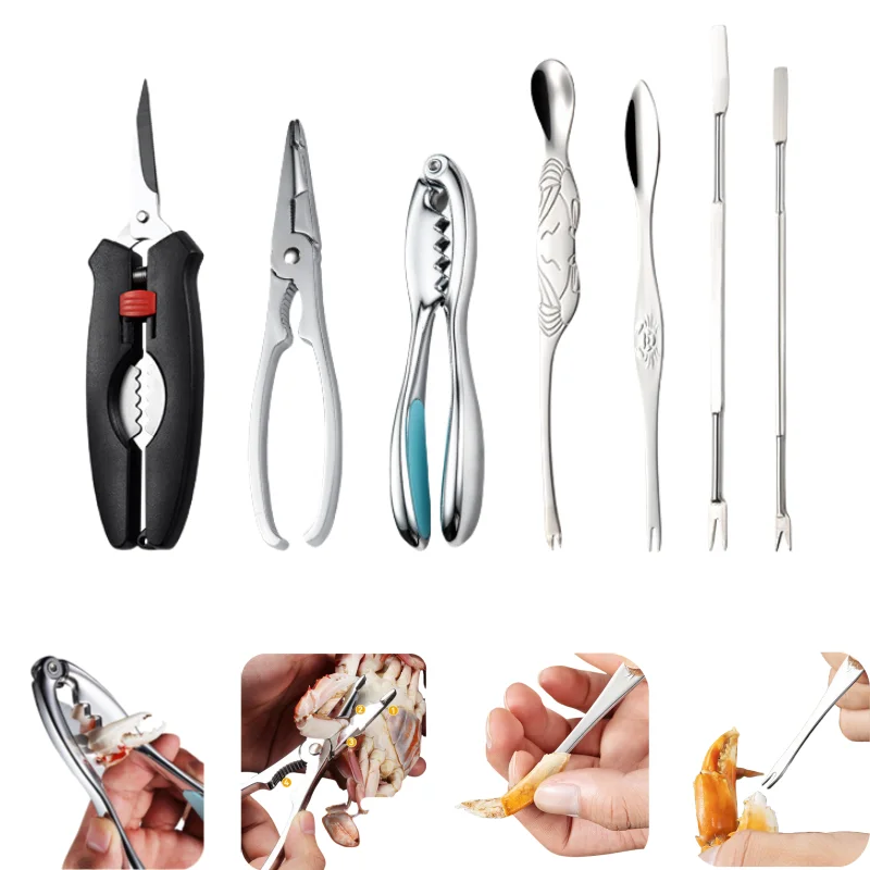 Stainless Steel Seafood Tools Set Crab Sheller Seafood Scissors Lobster Prawns Shellfish Pliers Nuts Cracker Forks Spoon
