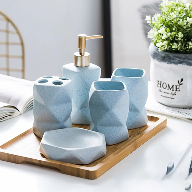 Wholesale Bulk Nordic Matte Pink Hotel Home Bathroom Accessories Set Cheap Ceramic Bathroom Set