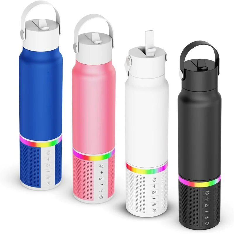 Smart Water Bottle with Bluetooth Speaker Stainless Steel Water Bottle with LED Light Charger 20oz Carry Handle
