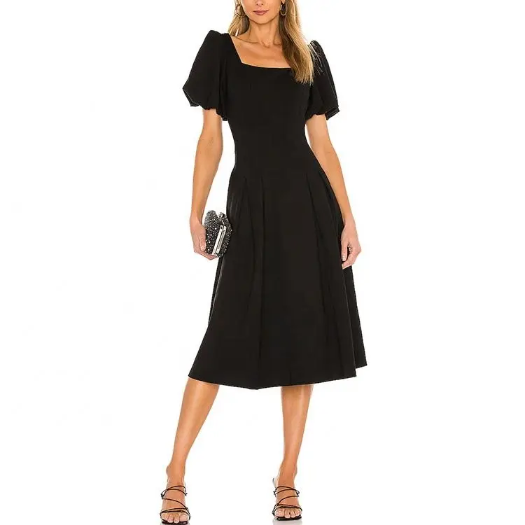 Basic Women Party Dress Short Sleeve Square Collar Fashion Custom Midi Dress