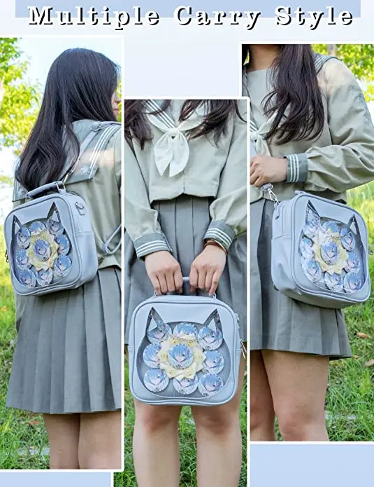 Cute Cat Ita Bag for Anime Cosplay Pin Display Bag Convertible Crossbody Satchel Handbag Backpack with Insert