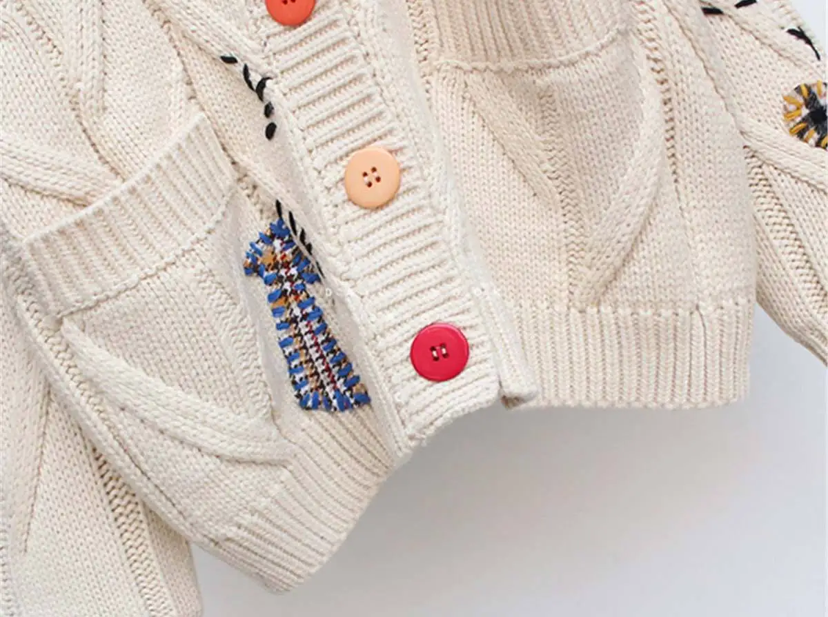 Custom Logo Retro Plus Size Embroidery Cardigan Knitted Sweater Ladies Jacquard Sweaters Women Cardigan With Pockets