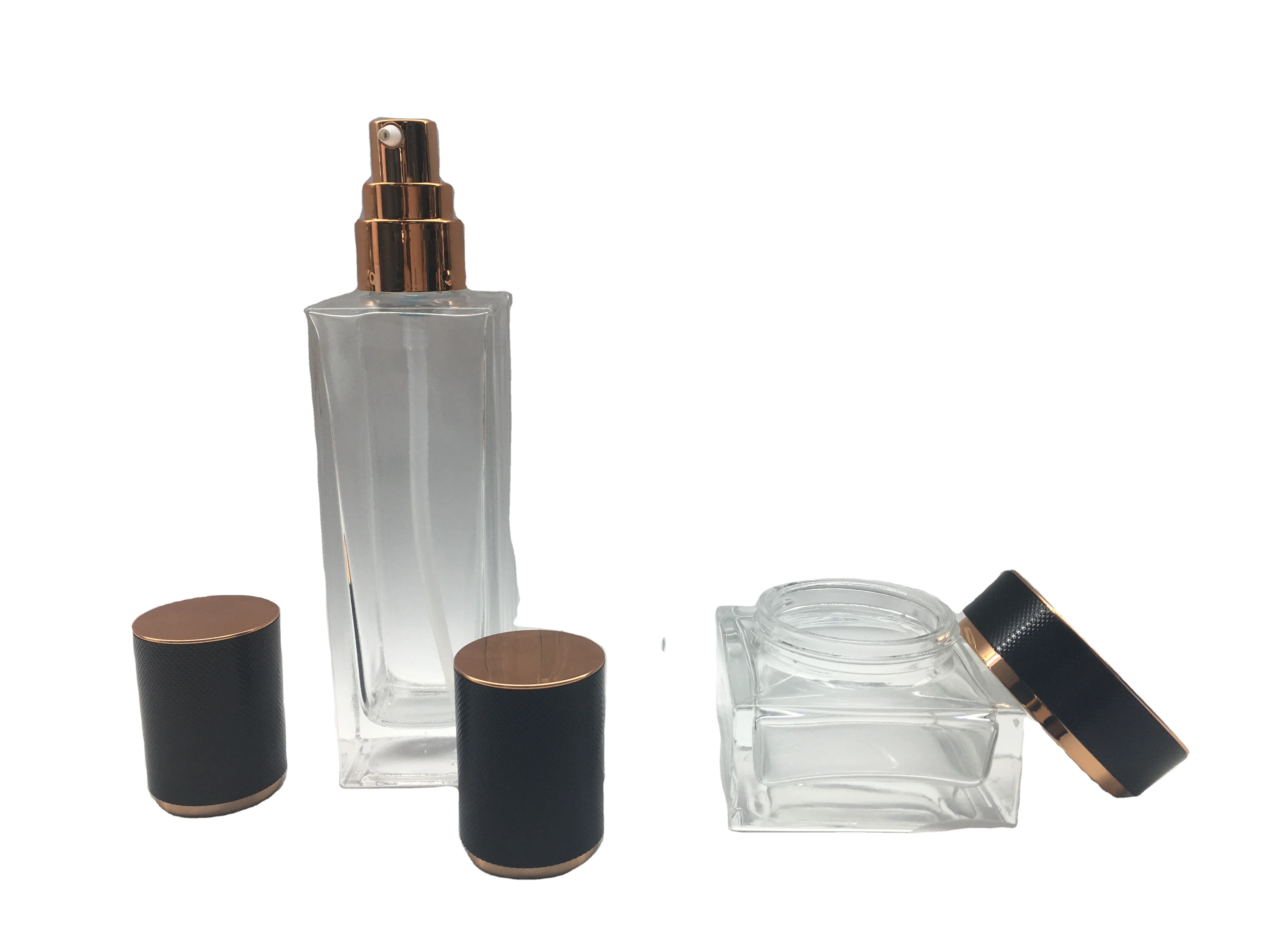 Luxury Skincare Packaging Glass Bottle Set Square Glass Cosmetic Bottle 30g 50g Cream Jar 100ml 120ml Lotion Packaging Glass Bot