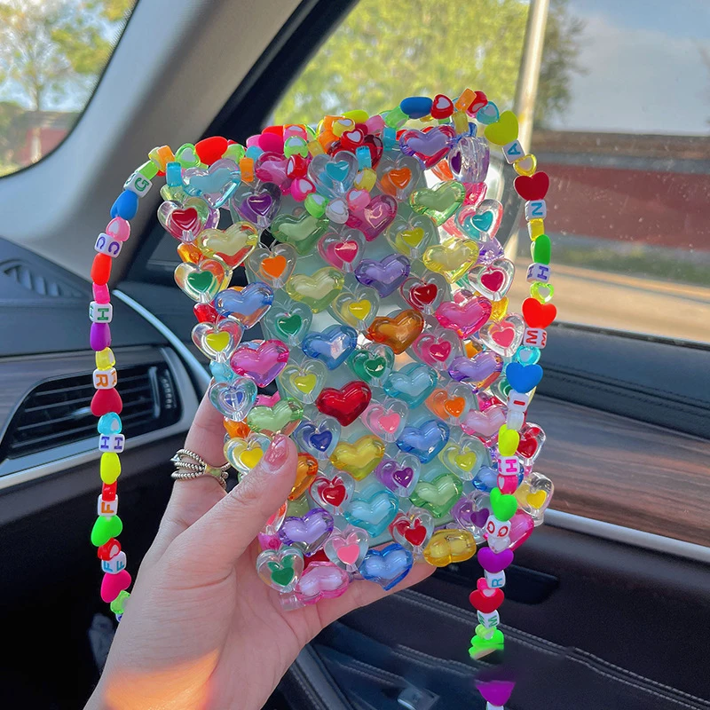 Summer ladies love fairy hand-woven silicone PVC handbag shoulder diy material underarm purse jelly heart shape beaded beach bag