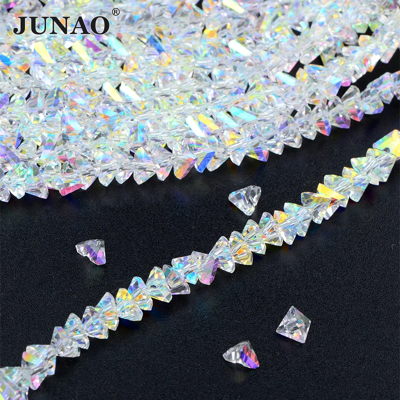 JUNAO High Quality Shiny 4mm Crystal String Beads Glass Transparent AB Stones Chain Triangle Gemstone Beads For Clothes Tassels