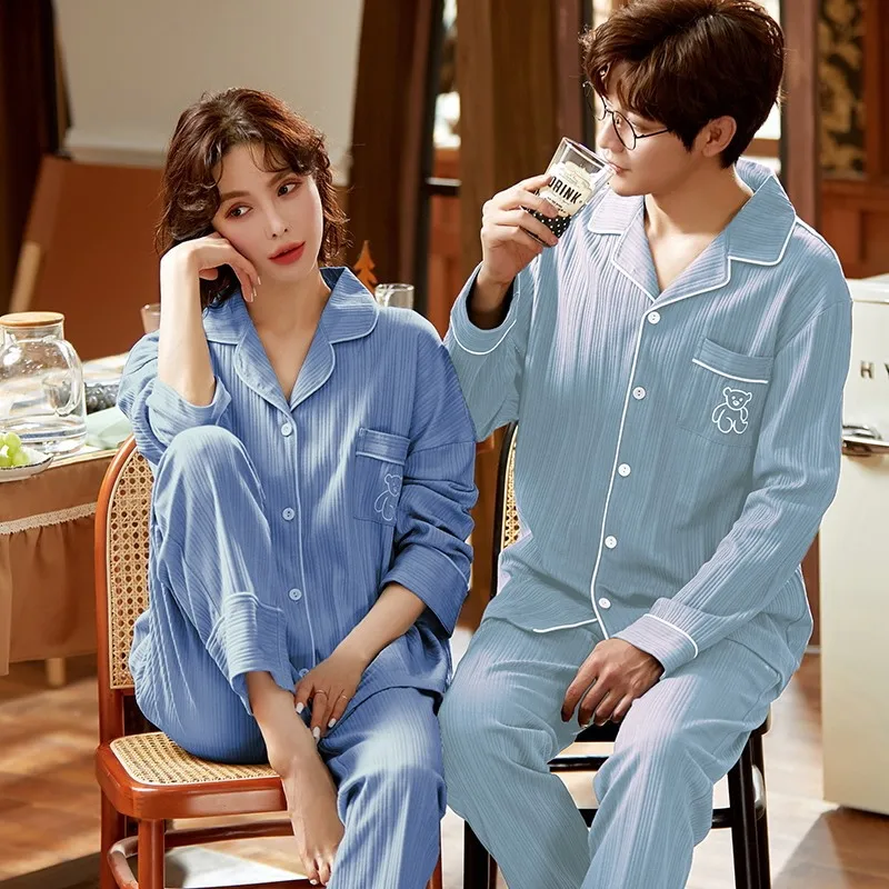 Winter Warm Couple Pajama Set Cotton Loose Cardigan Pyjamas Women Men Long Sleeve Homewear Cute Pattern Lovers Pajama Set