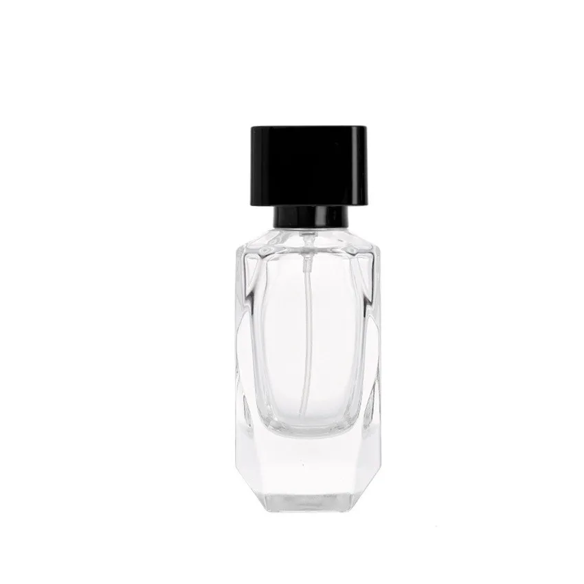 Wholesale high quality fashion transparent 50ml perfume bottles with difference cap glass frascos de vidrio para perfume