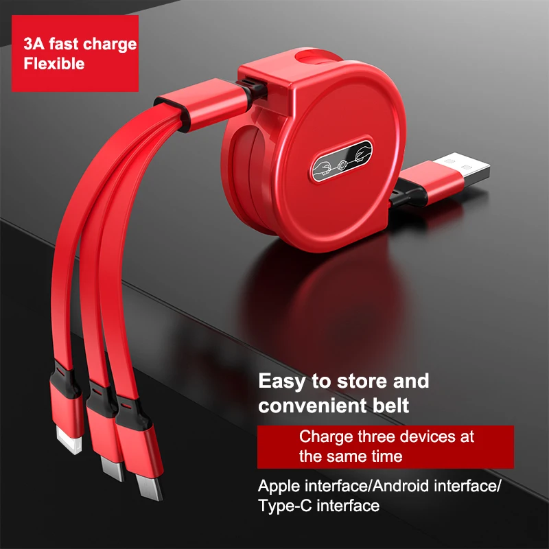 Retractable usb charging cable 3 in 1 Pearl Light 2.4A fast charging data cable factory customized logo charging cable