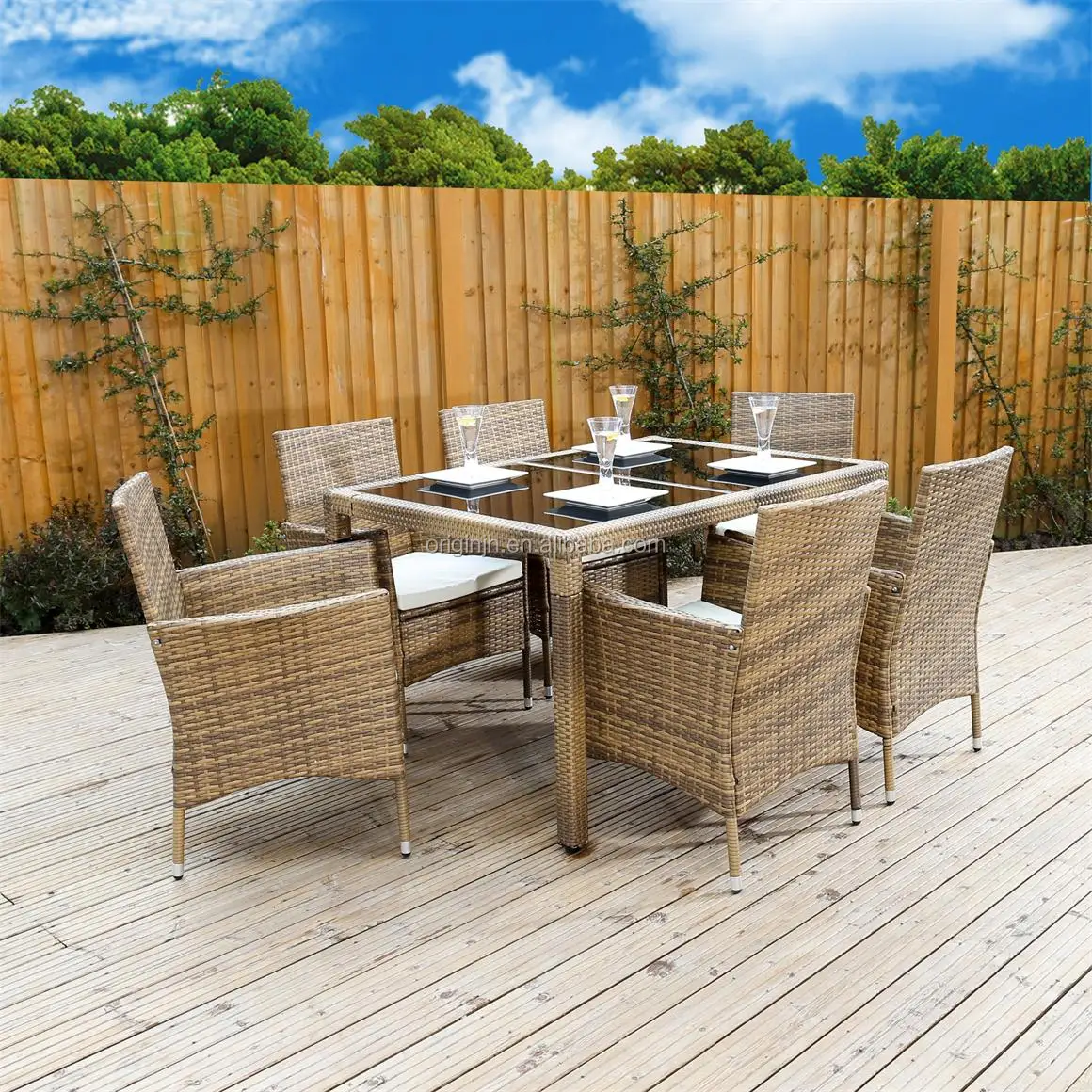 Outdoor modern wicker rattan rectangular table and dining set furniture high back designed garden table chair sets