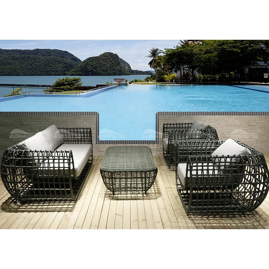 Bluwhale Outdoor Furniture Sets Aluminum Frame Rattan Swimming Pool Sofa With Loveseat And Glass Coffee Tables