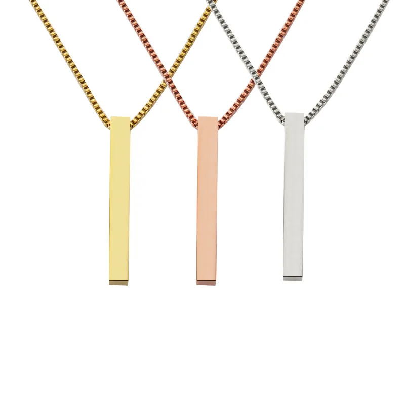 VKME Simple18K gold plated Column Titanium Stainless Steel  Engraved Name Square Pendant Necklace For Women Fashion Jewelry