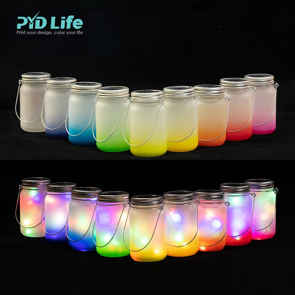 PYD Life 15 oz Bulk Drinking Glass Waterproof Camping Solar Sublimation Led Solar Mason Fairy Jar Lids Light Led with Handles