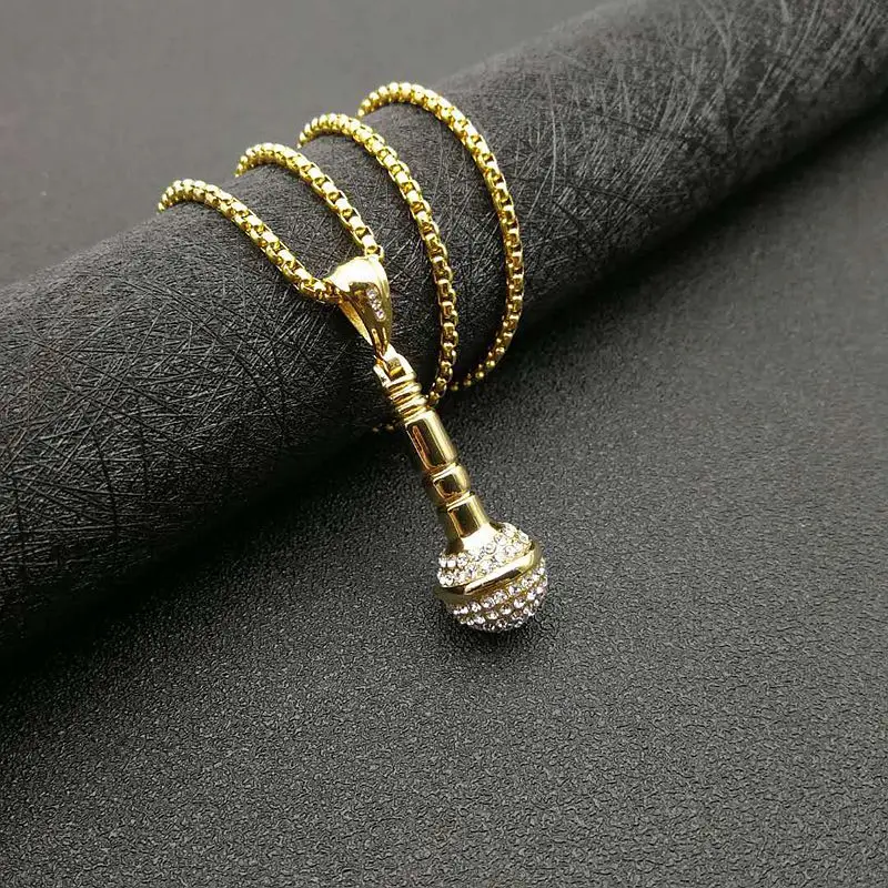 Crystal Diamonds Stainless Steel Microphone Necklace Gold Microphone Pendant Necklace