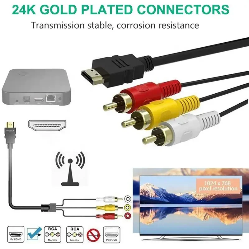 Cable Converter 1080P HDTV  Male Cable To AV 3RCA 3 RCA Male Audio Video Converter Cable Adapter Cord