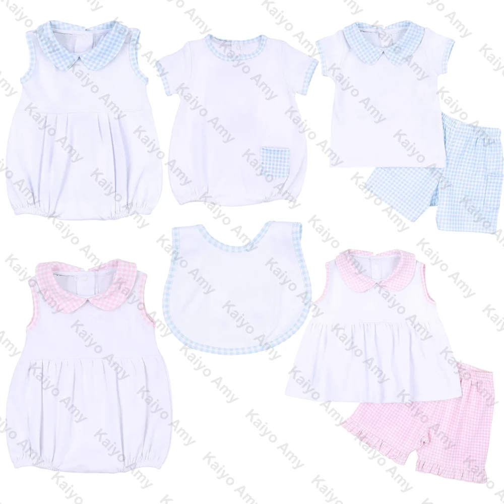 little boys short set light blue gingham newborn baby bubble romper 100% cotton baby onesies