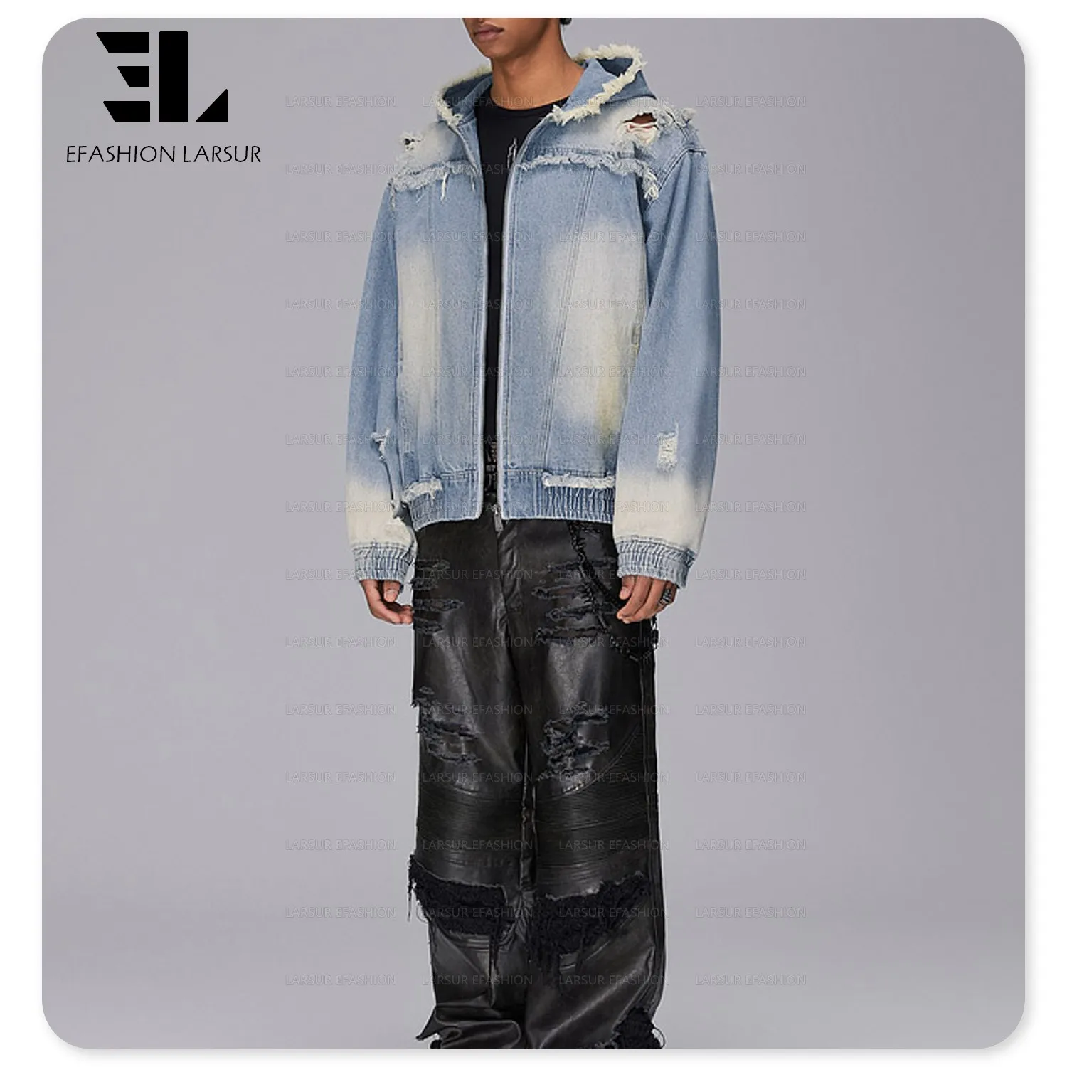 LARSUR Custom factory distressed wash zipper fly ripped denim jacket with hooded drop shoulder boxy  jeans denim hoodie for men