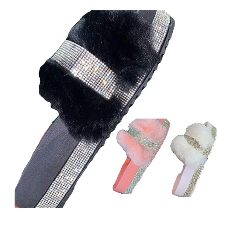 Z19032 Women Casual Winter Fuzzy Solid Comfy Plush Kitten Heels Fluffy Sequined Rhinestone Open Toe Fluffy Mid Heel Slippers