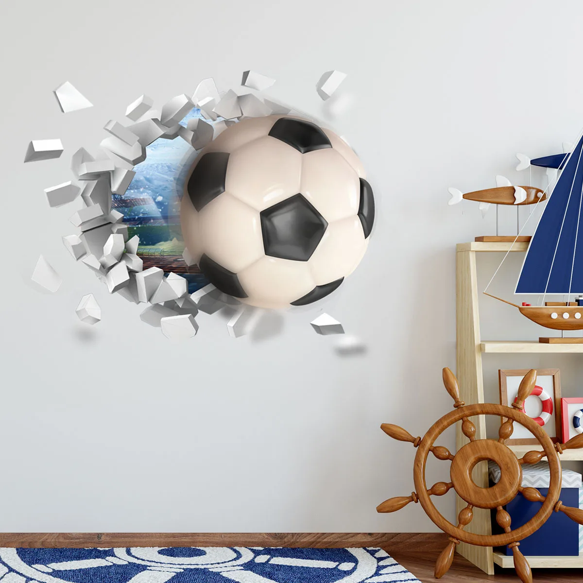 3d Football Broke Wall Wallpaper Living Room Decoration And Promotion Decorative Home Decor
