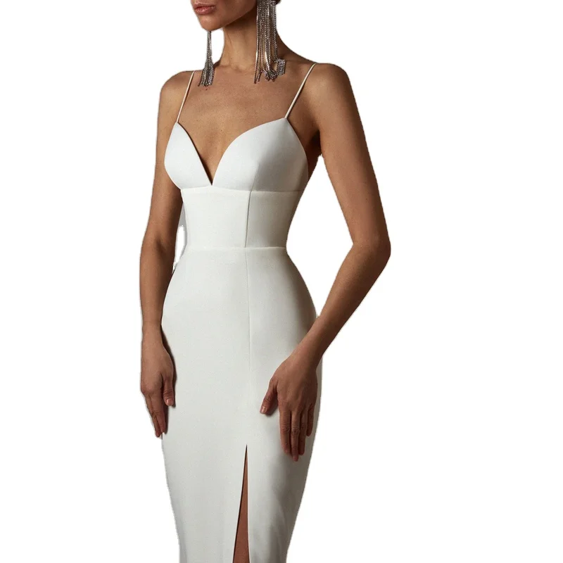 D8232#Ladies Elegant Sexy V-neck High Slit Long Skirt Sling Tight Bandage Evening Dress