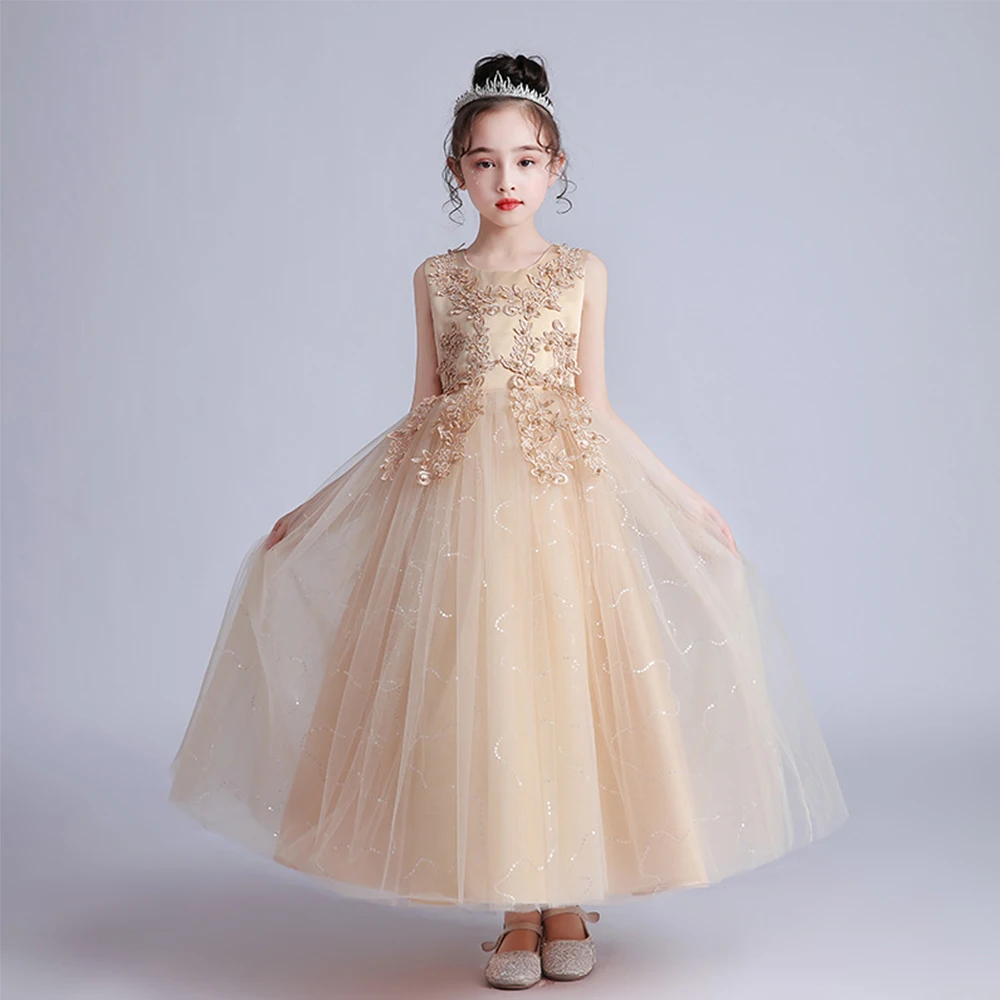 Princess Flower Girls Dresses Party Wedding High Quality Tulle 2022 New Custom Girl Embroidered Floor-length Short Sleeve Modern
