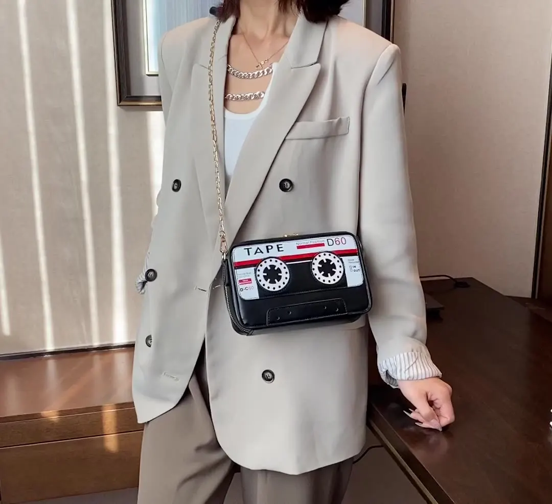 Fashion Ladies Phone Purse Handbag Personality Cassette Tape Shape Faux Leather Shoulder Bag