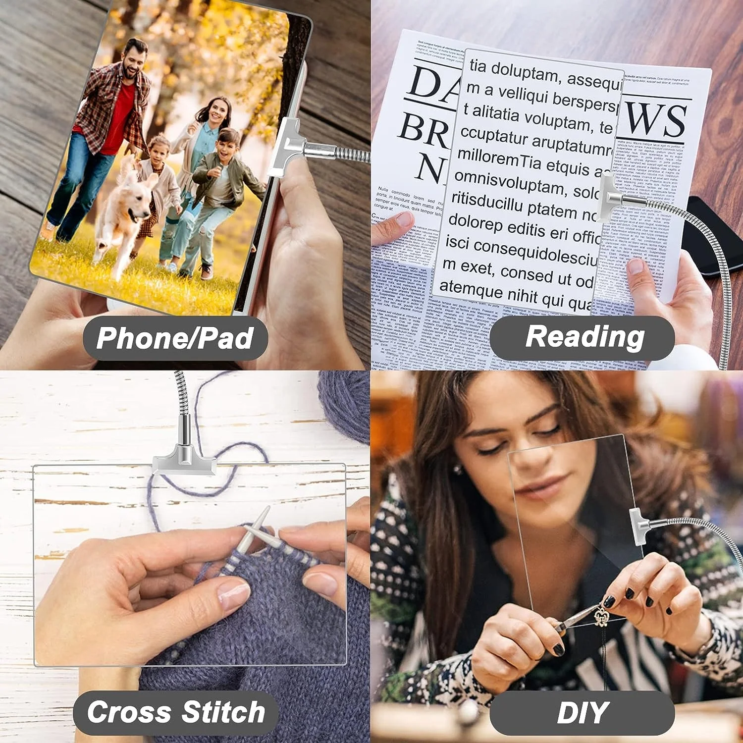 High Quality Hands Free 4X Magnifier Adjustable Flexible Magnifying Glass with Light and Stand for Reading