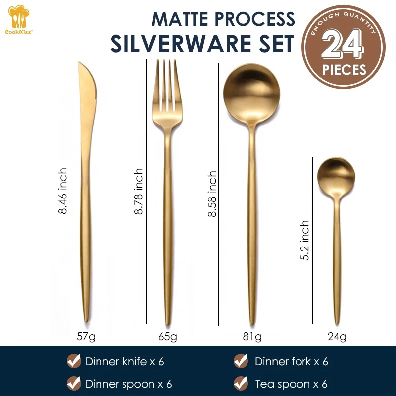A6061 Luxury 24Pcs Cutlery Set Fine Stainless Steel Wedding Fork Spoon Knife Brushed Gold Flatware Set